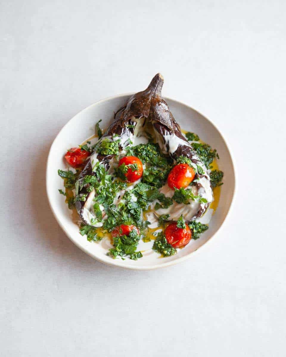Roasted Aubergine with Tahini & Leftover Herb Pesto